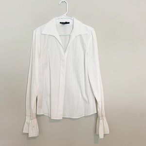 Lafayette148 White Cotton pleated Button Blouse bell sleeves women size 10/ M
